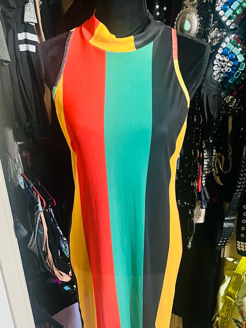 Colorblock Sleeveless Maxi Dress in Red, Teal & Yellow